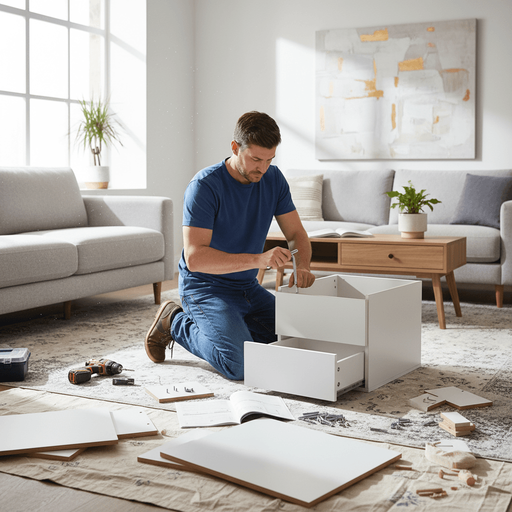 Flat pack bookshelf assembled square and sturdy in a living room