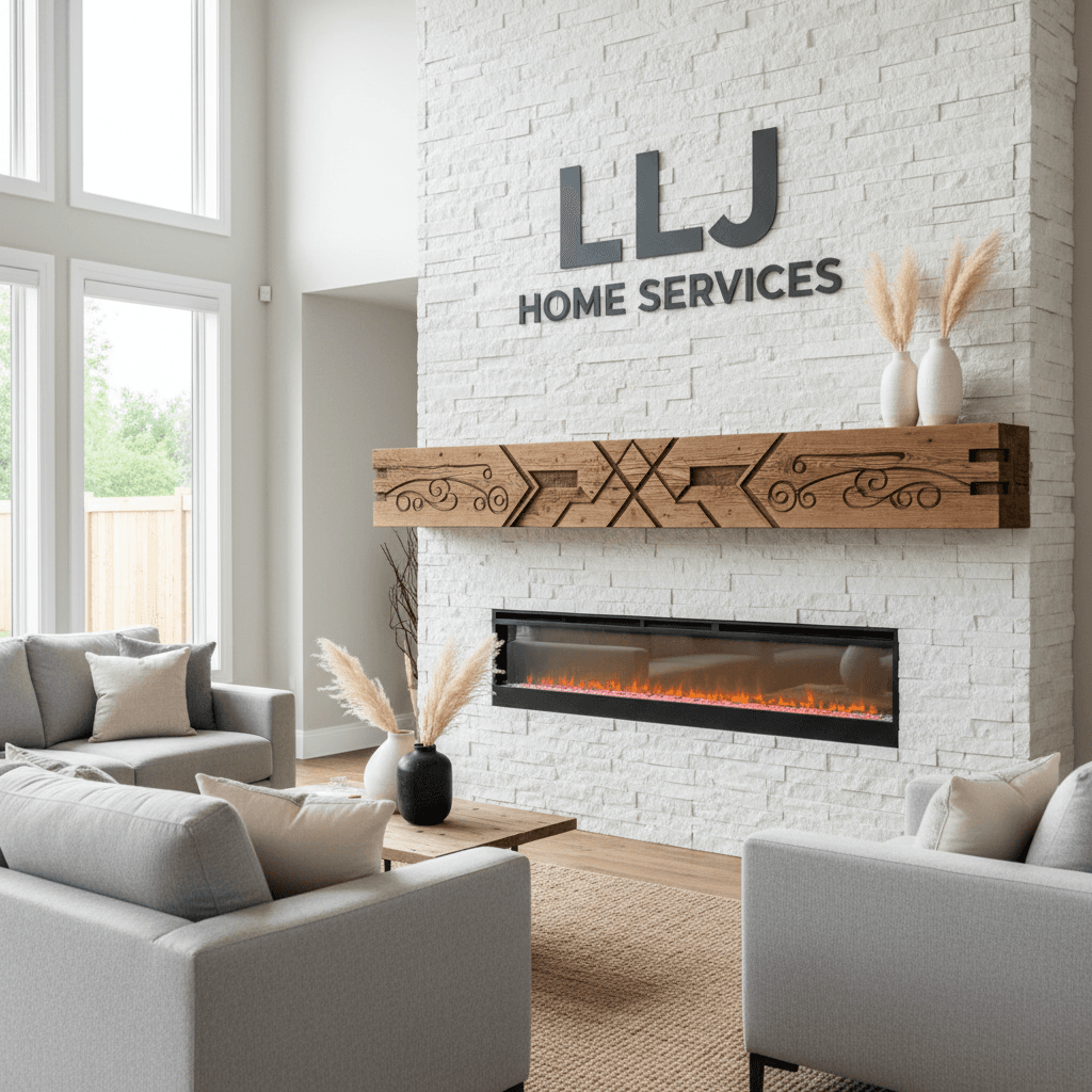 Reclaimed wood fireplace mantel in a modern, cozy living room