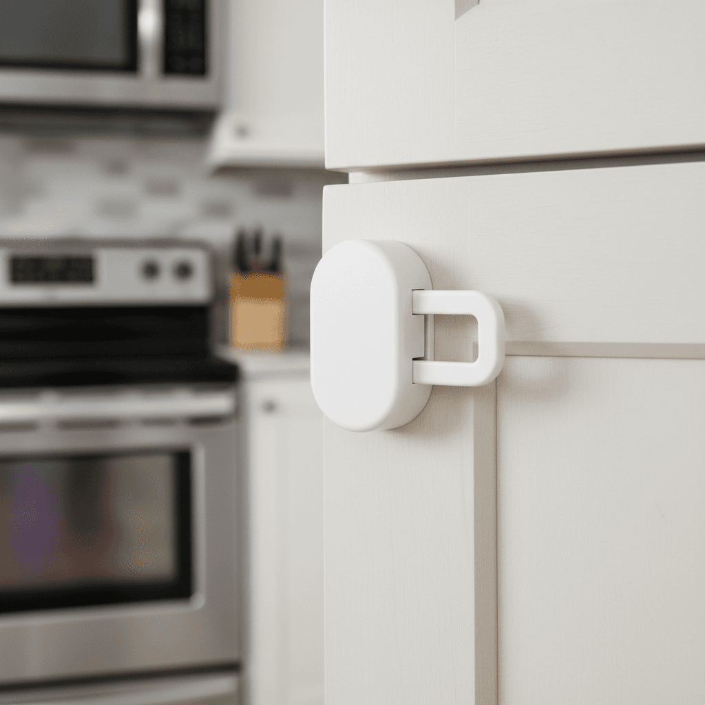 Child safety locks installed on a kitchen cabinet door