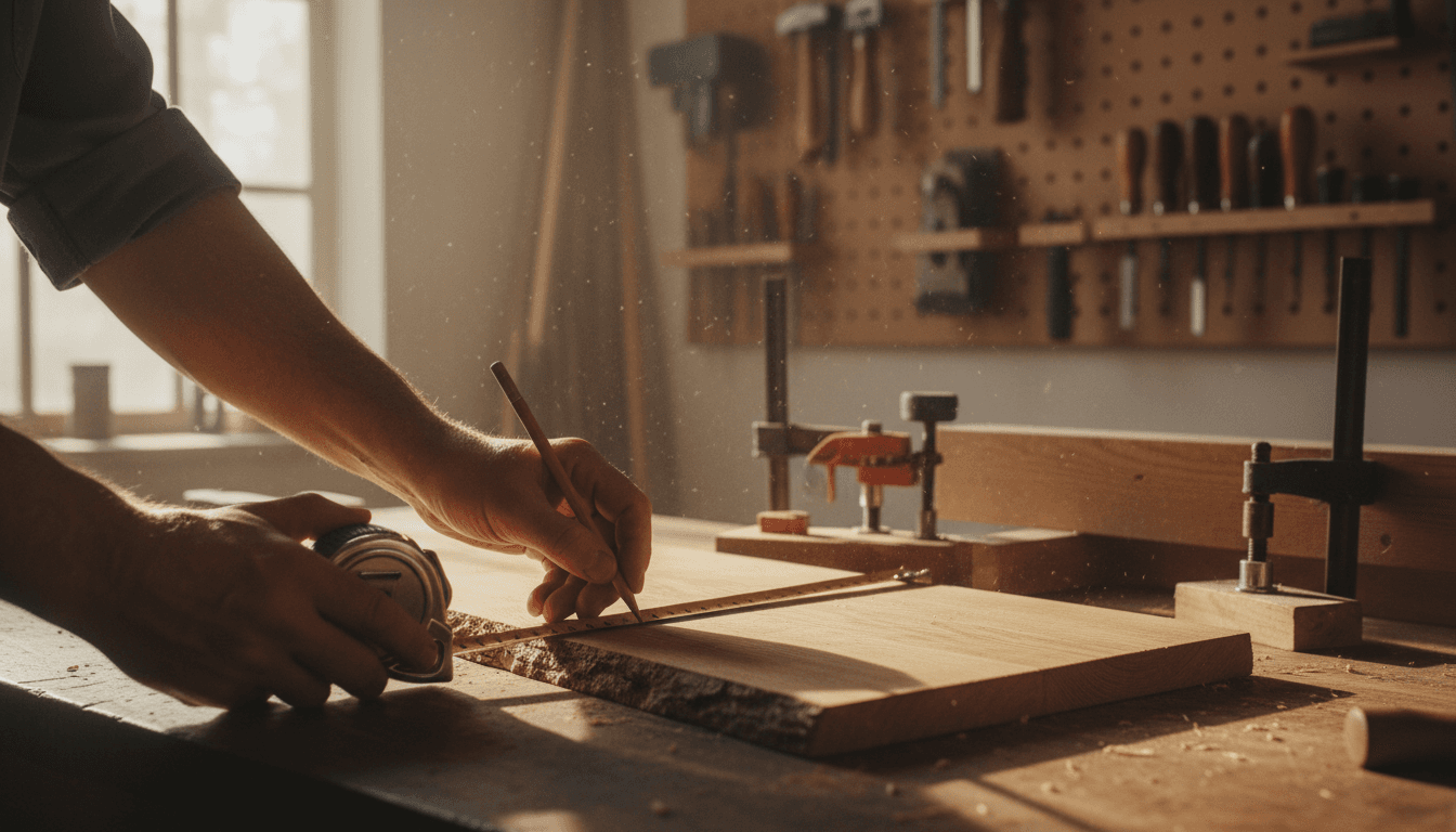 Close-up view of a carpenter's hands measuring wood on a workbench with a tape measure and pencil