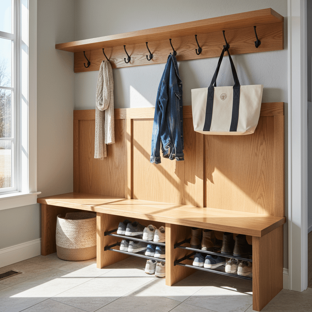 Finished mudroom bench with cubbies and hooks