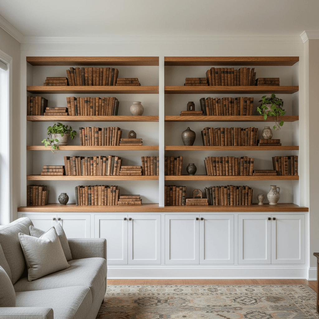 Custom built-in bookshelf with painted white trim