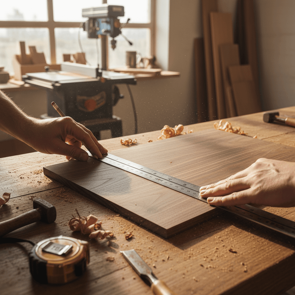 Carpenter measuring wood in a workshop