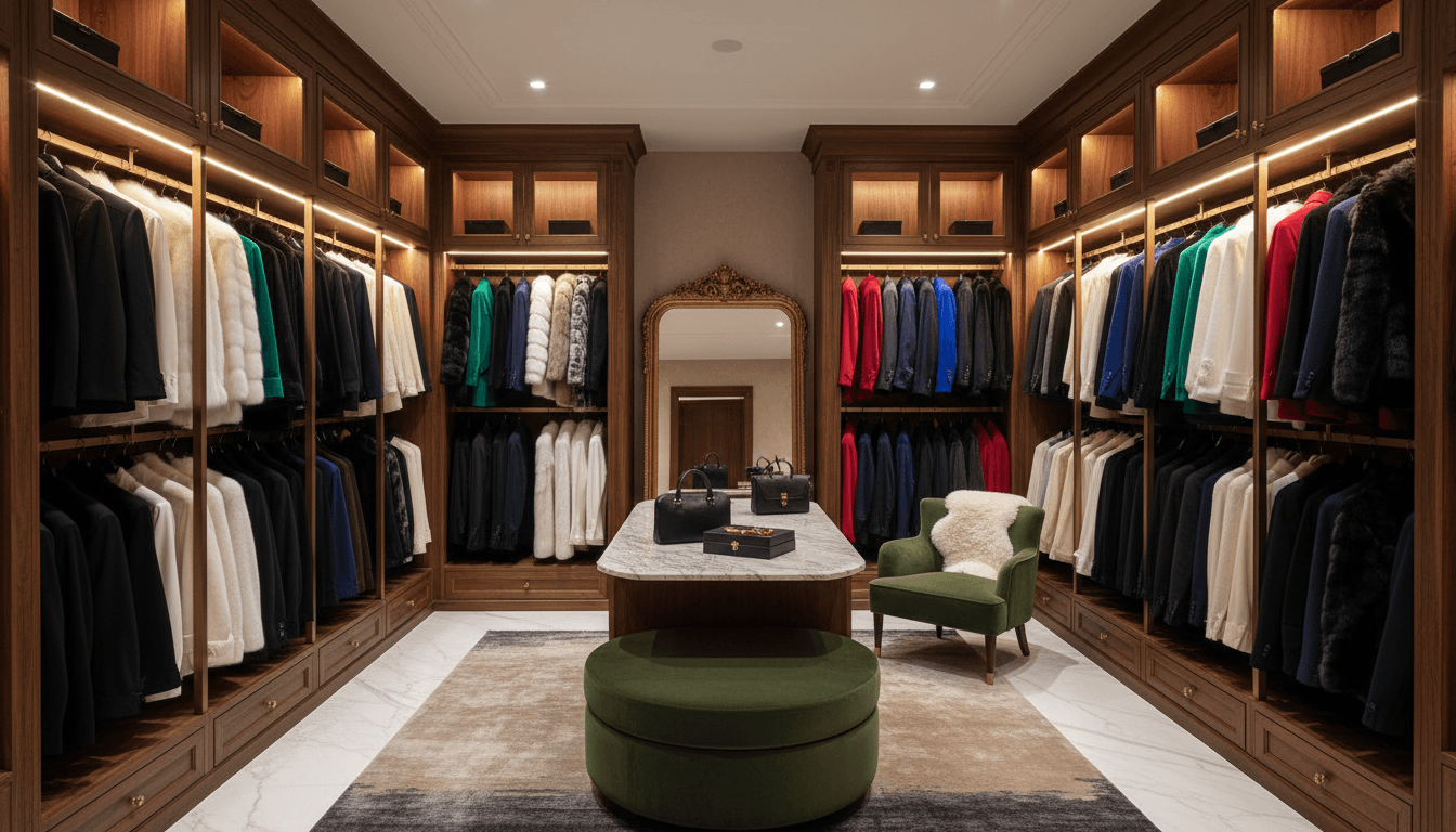 Luxury walk-in closet displaying organized collection of premium fur coats on wooden rails with ambient lighting and seating area