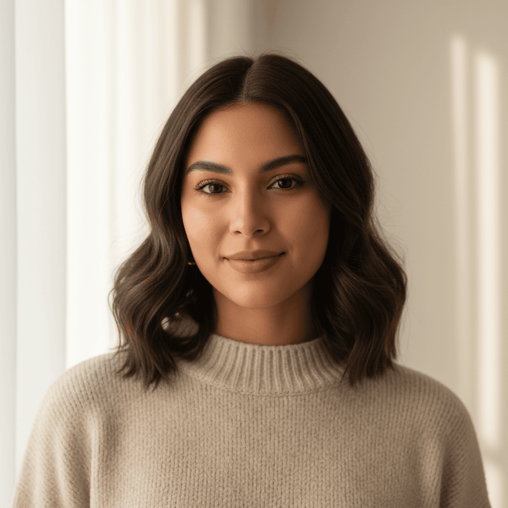 Portrait of Elena K., a Clifton Park homeowner with short dark hair and a warm smile, natural window light, photorealistic headshot