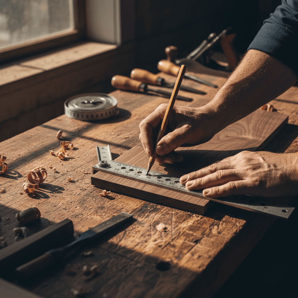 Craftsman sanding the edge of a custom wooden shelf by hand