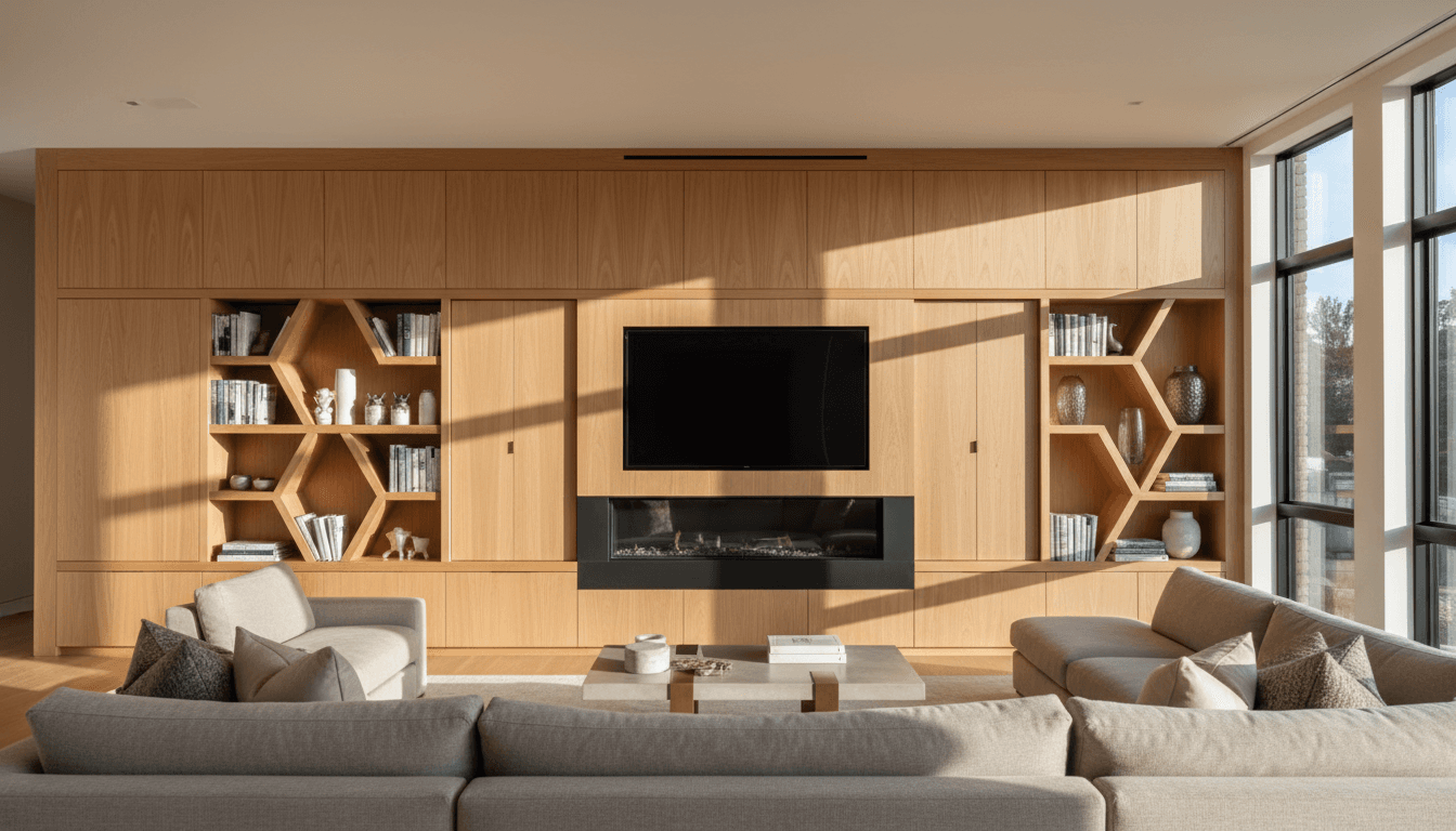 Finished custom built-in bookshelf in a bright living room