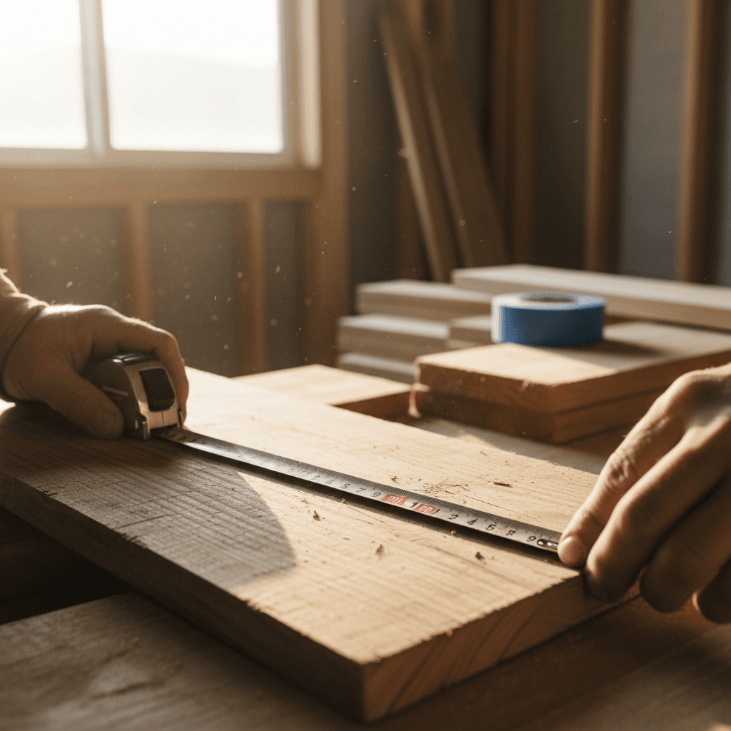 Close-up of hands measuring wood with a tape measure