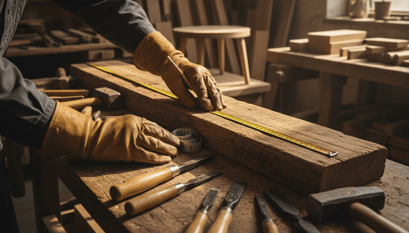 Carpenter's hands measuring a board on a workbench with hand tools nearby