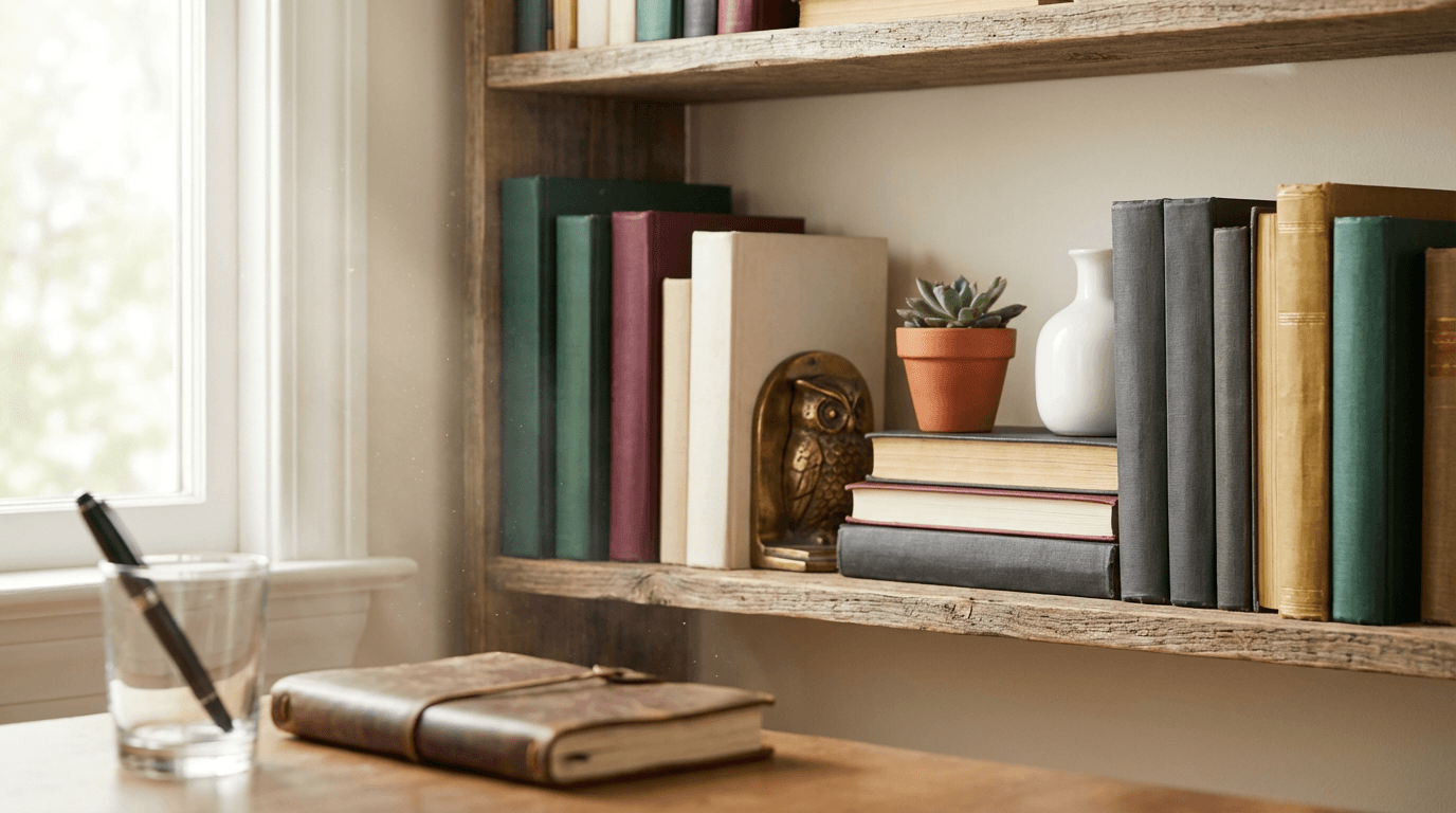 Custom built-in bookshelf in a bright living room