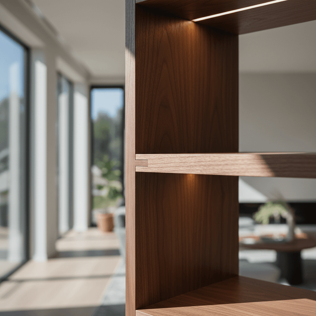 Close-up of a wooden bookshelf with integrated lighting in a modern, sunlit living space.