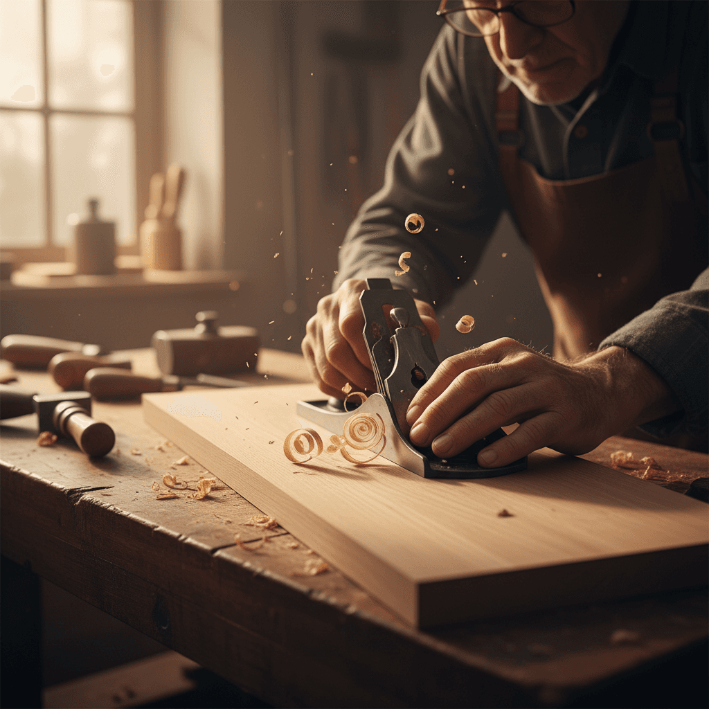 Craftsman sanding the edge of a custom wooden shelf by hand