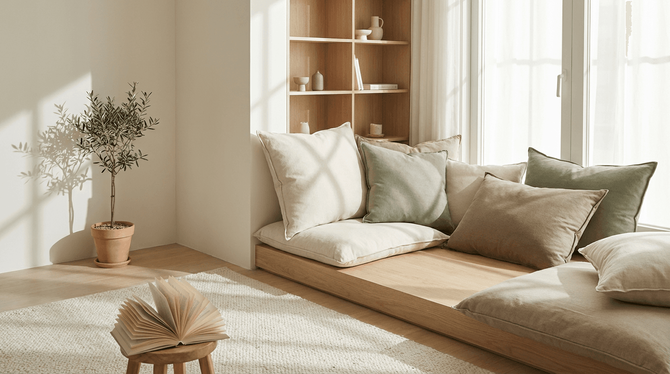 Minimalist reading corner with cushions, open book, plant, and soft window light creating geometric shadows