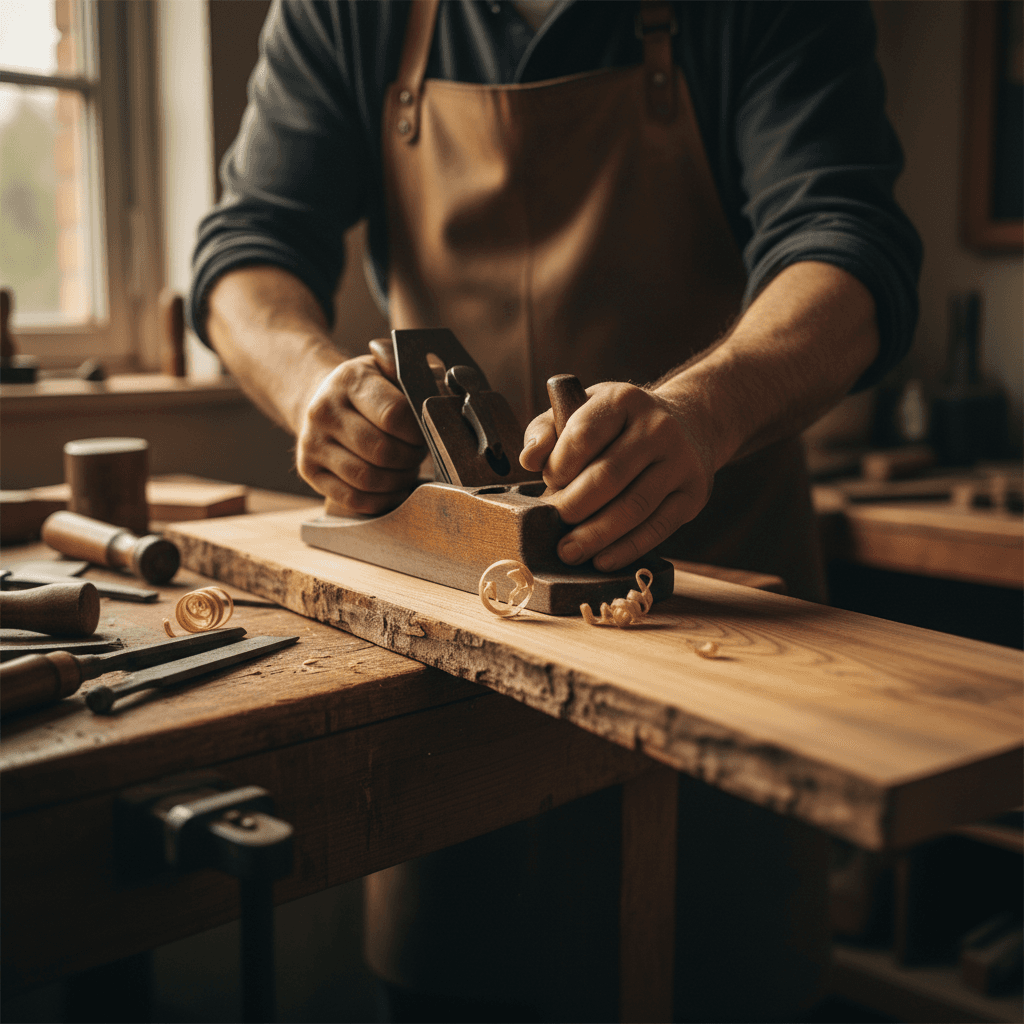 Carpenter measuring a piece of wood on a workbench