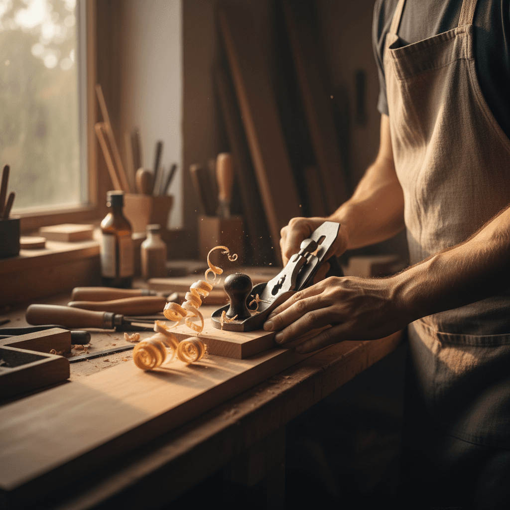 Carpenter's hands examining the grain of a raw wood plank on a workbench