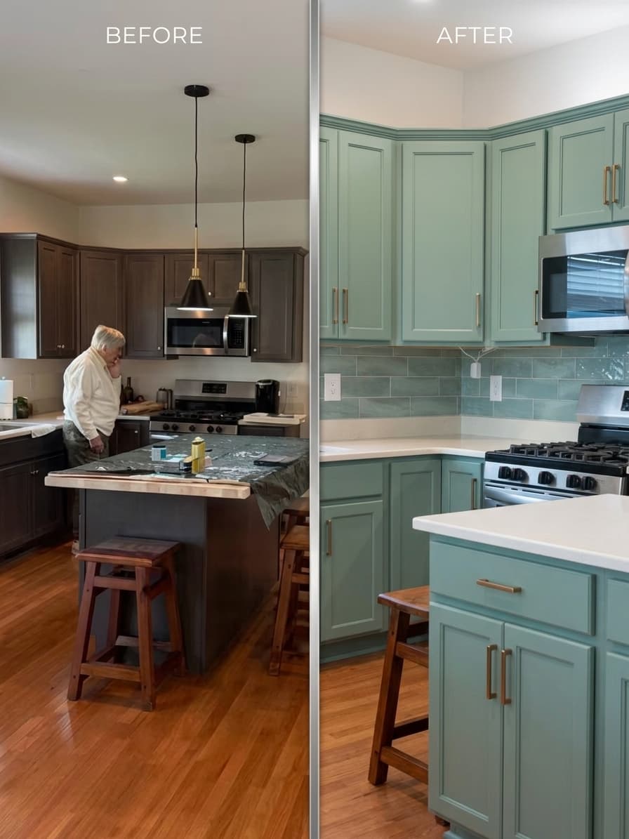 Before and after kitchen renovation: dark brown cabinets transformed into sage green with gold hardware.