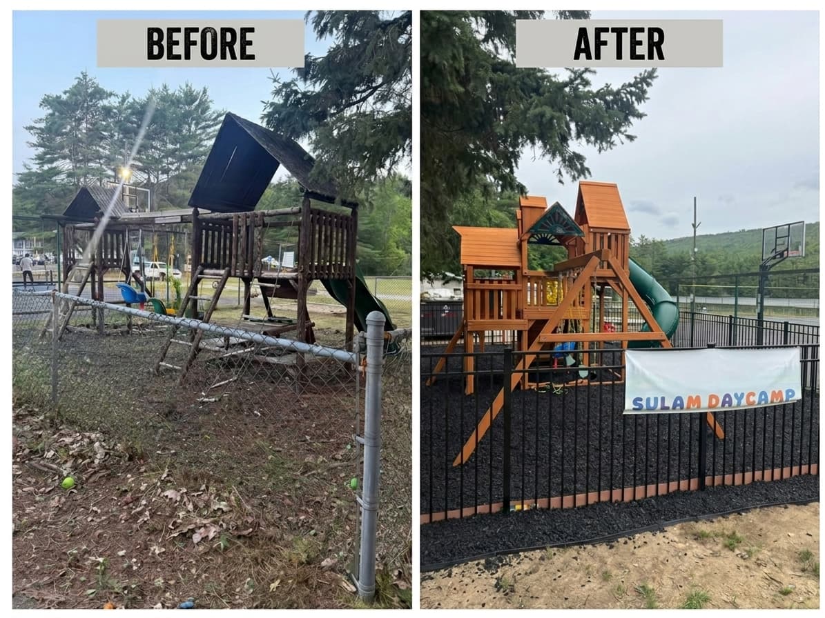 Before and after comparison of an old, weathered playground replaced with a new wooden playset.
