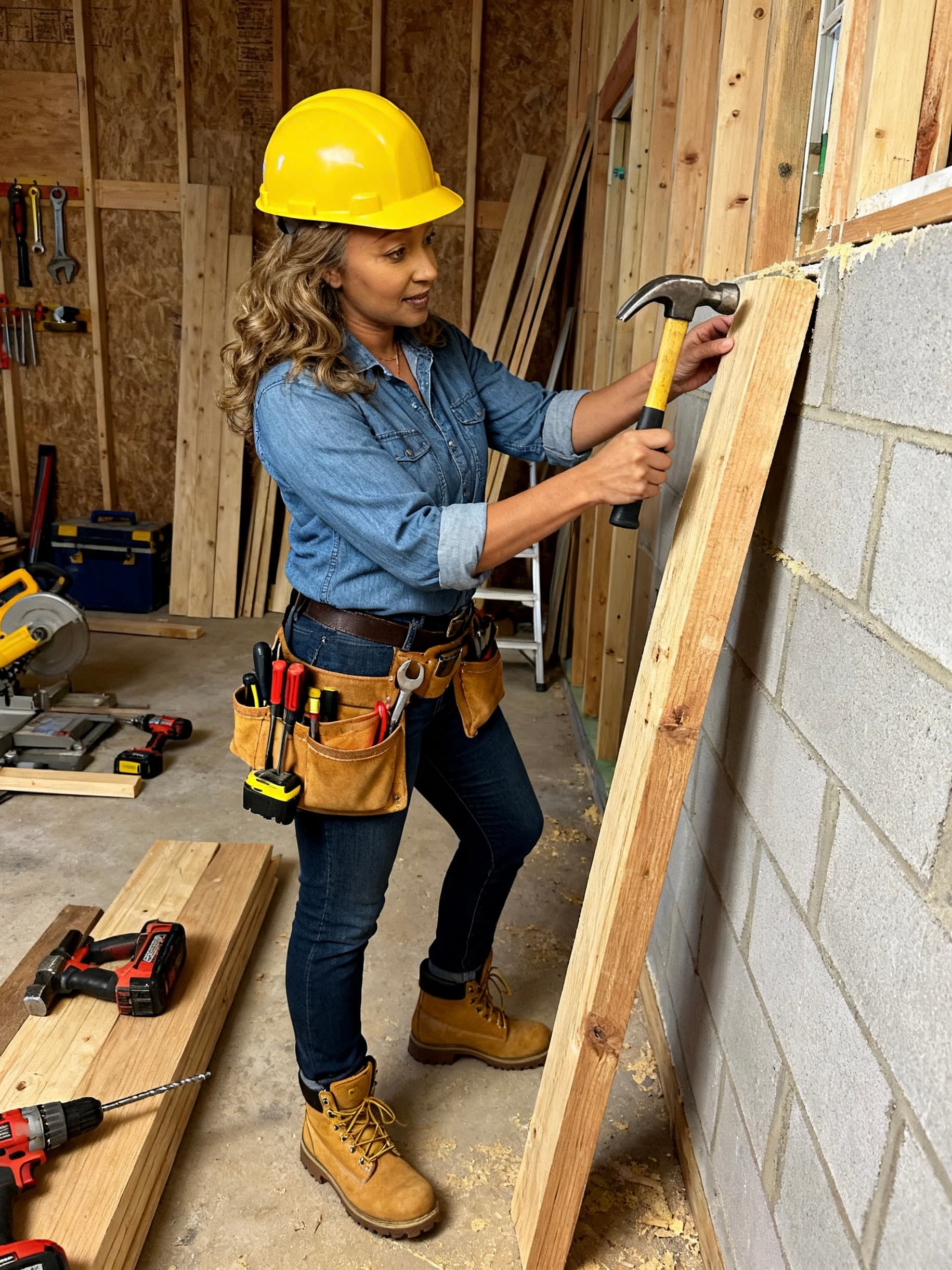A woman in a yellow hard hat hammers a wooden plank against a concrete wall.